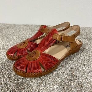NEW PIKOLINOS Puerto Vallarta Leather Cutout Red Coral Sandal Size 6.5 - 7 37